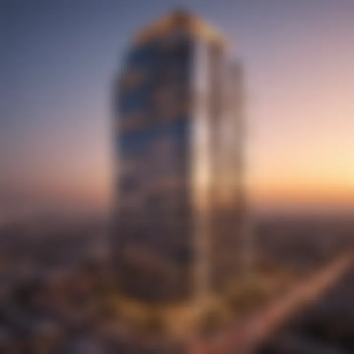 The Al Thuraya Tower's unique architectural features highlighted during sunset.