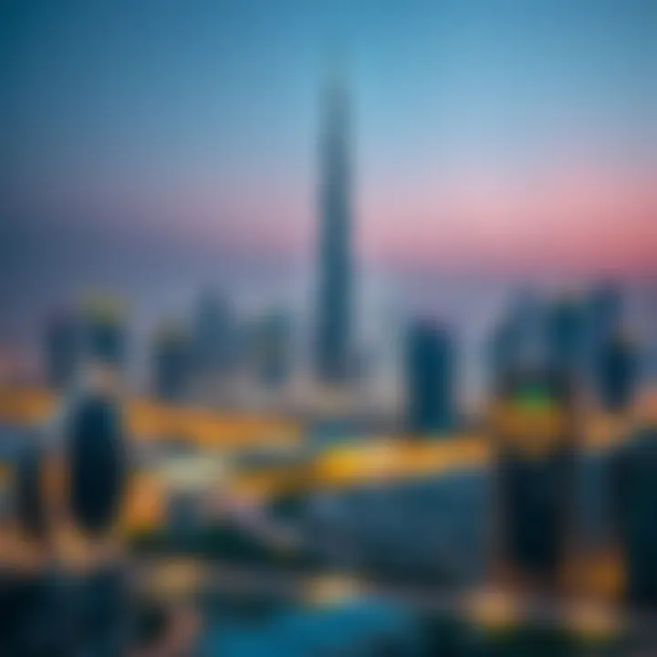 Evening skyline of Dubai with Arjan Tower illuminated