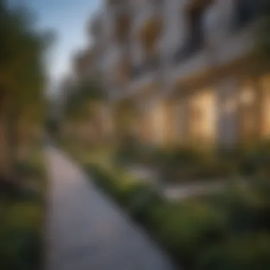 Serene garden area surrounding a residential apartment complex in Dubai