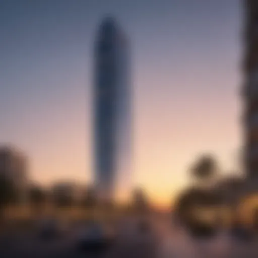 Stunning exterior view of Noor Tower against a sunset skyline