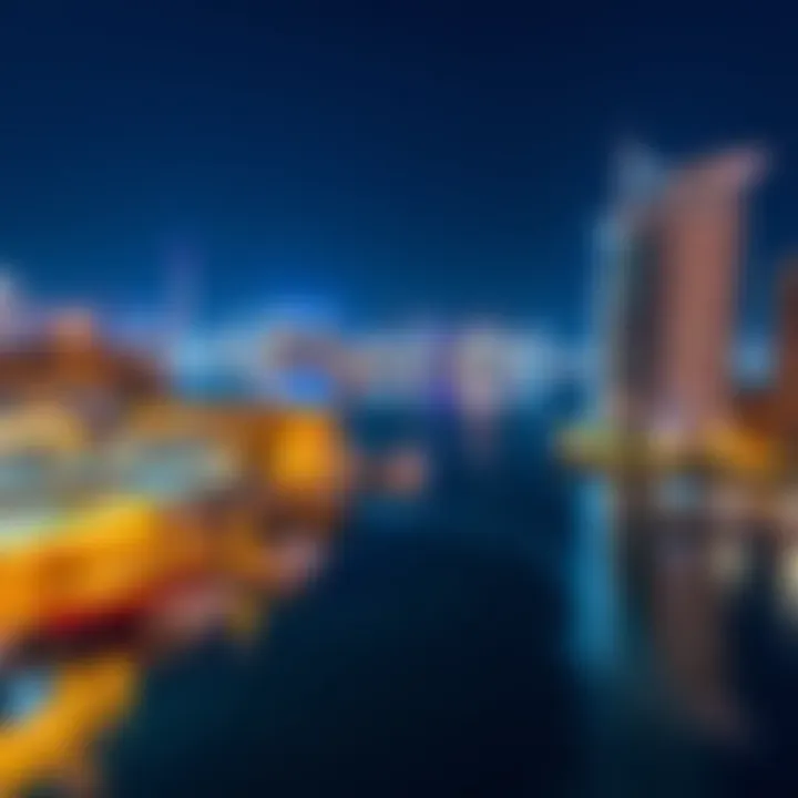 Night-time panorama of Dubai Creek Harbour with vibrant lights