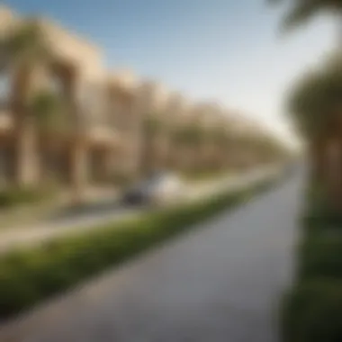 A vibrant community area in Dubai South with lush green spaces.