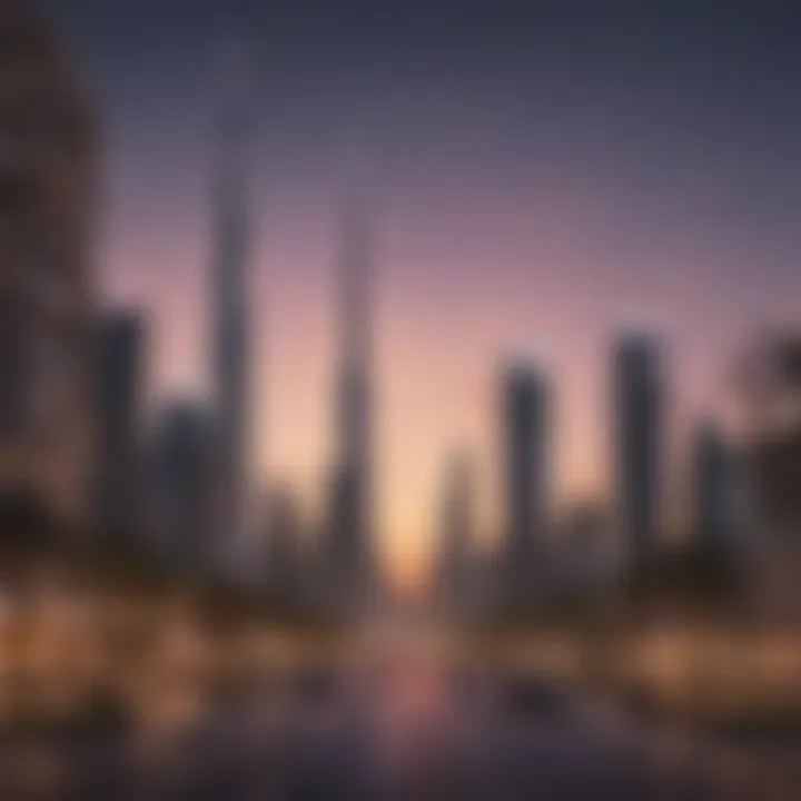 A scenic view of the Dubai South skyline at sunset.