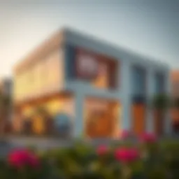 Exterior view of Sobha Hartland Sales Center showcasing modern architecture